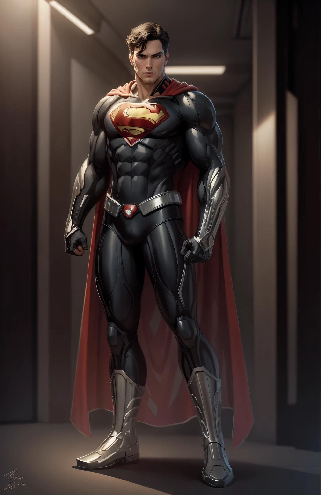 photoreal, hyperdetailed, cinematic soft focus, superman wearing an intricately detailed black costume with silver logo belt and boots and a red cape standing inside a clean space station interior
