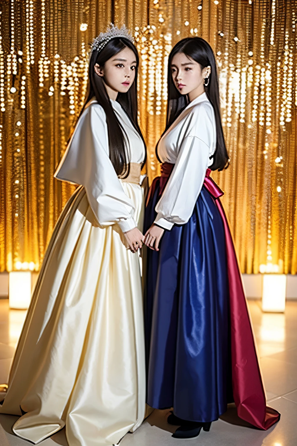 ((best quality)), ((masterpiece)), (detailed), (매우 detailed 얼굴 표현), perfect face, multi color costumes, 2 women, twins, Madison Beer, without makeup, Profile picture, Use Instagram Filters, Subtle soft and dim light, perfect face, julia sardinian, perfect hands, Random Actions, (clothes:random color), Full-body view, fullbody, wall full of decorations, looking at the camera, korean beauty,