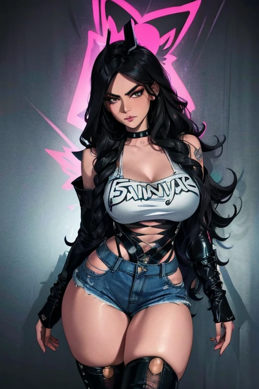 Close up shot of a 22yo woman, long wavy brunette hair, studded black choker, punk thigh high socks, dark eyeshadow, extra long eyelashes, dark eyeliner, thick hips, thick thighs, slim waist, perfect hourglass figure, (large massive :1.3), black studded platform boots, cyber punk shirt, torn jeans, deep cleavage, metallic neon colors & lighting, dynamic shadows, 8k, (HDR:1.4), perfect high res, (realistic texture), realistic metallic neon lighting, cinematic lighting.