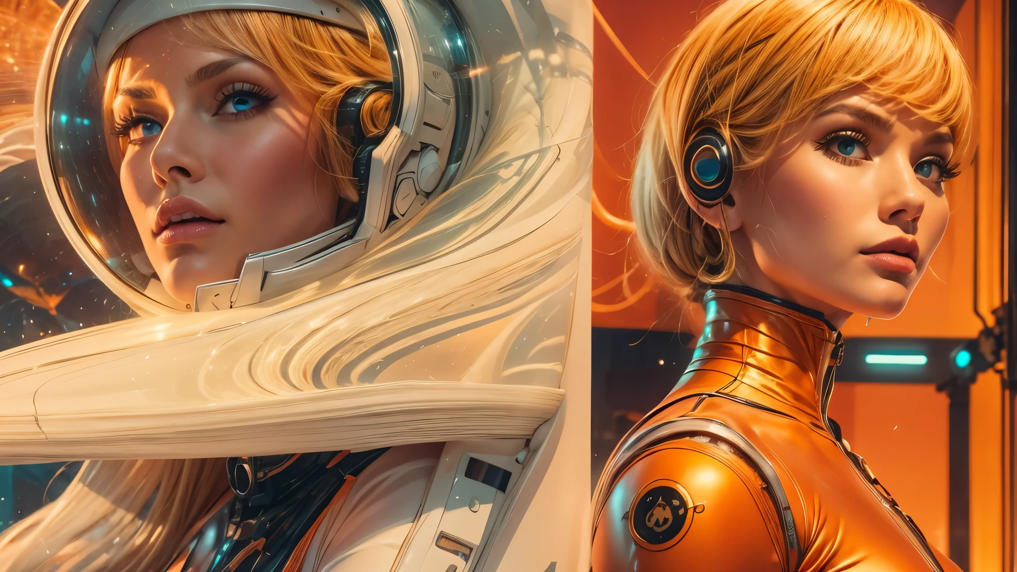 arafed image of a white woman in a futuristic suit with a spaceship in the background, movie art, in front of an orange background, inspired by Robert McGinnis, female protagonist, megastructure in the background, portrait of an ai astronaut, astronauts, an astronaut, portrait of a astronaut skeletor, perfect android girl, detailed eyes, perfectly detailed teeth, frank franzzeta and sakimichan  