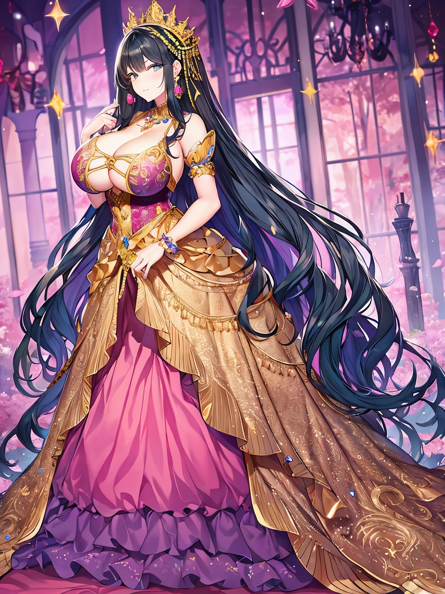 ((anime artstyle)),(Masterpiece),(Best Quality), (Super Detail),(((Very Delicate and Beautiful))),Solo,full body,((full body portrait)),((1 bling-bling princess in beautiful embroidery and jeweled gorgeous rococo ballgown)),((((absurdly gigantic )))),(((cleavy))),Skindentation,detailed face and eyes,jewel-like eyes,((castle)),((crinoline,long train)),gorgeous princess rococo ballgown with voluminous full length hoop skirt and long train,(((bling-bling gorgeous rococo ballgown with beautiful embroidery and jeweled))),((large amount of straight hair, absurdly long hair,Very Long Straight Hair)),extremely gorgeousfull hair ornament,(bling-bling extremely gorgeous jeweled tiara),luxurious jewelry,full body,((beautiful embroidery and jeweled gorgeous rococo ballgown))