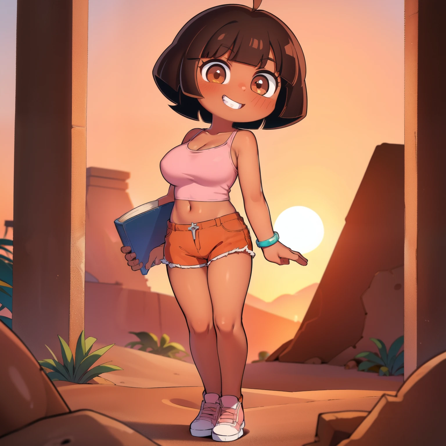 ((masterpiece, best quality)), full body, (solo 0.6), 1 girl, Dora, bracelet, (dark skin 0.6), dark brown hair, short hair, brown eyes, sunset, desert ruins, pink top, orange shorts, holding a book, large breasts, grinning, standing, sexy