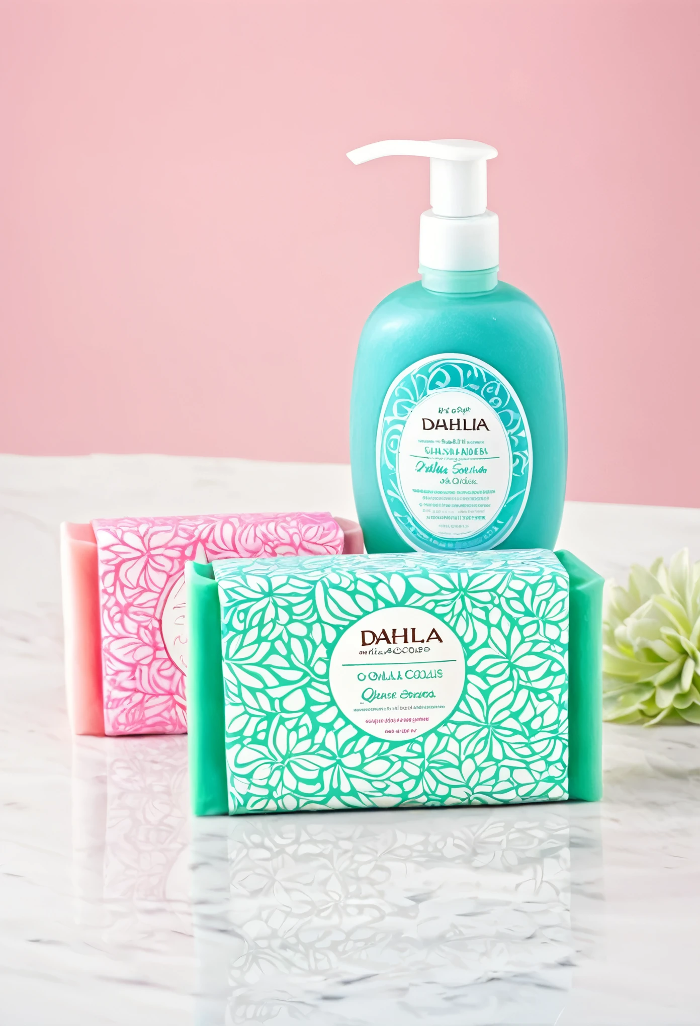 Create an image where you present feminine products such as bar soaps, toallas femeninas, cremas, shampoo, que tengan una etiqueta que diga Dhalia en cursiva, que estos sean de colores pasteles principalmente azul, rosa y verde.