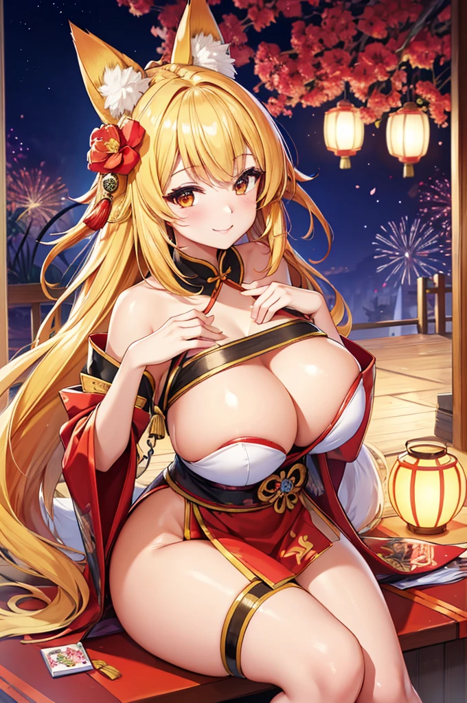 A portrait of a radiant adult 9 tails fox girl with a warm smile directed at the viewer she is holding a sign which bears the inscription Kitsune Are Sexy, the background features a vibrant Chinese New Year celebration, lanterns, fireworks, traditional decorations, beautiful scenery, Breasts enlarged, elegant mature woman, large hips, big breast, Ahri, blonde hair, braid, flower on head, animal ears, fox ears, kemonomimi mode, super detail, high quality, highres, masterpiece
