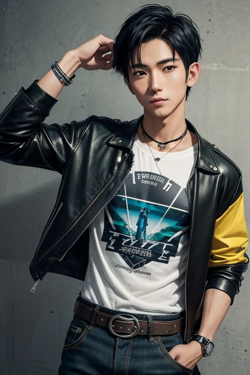 Tadashi Hamada 20 year old boy with open black jacket blue t-shirt with snow print short black hair punk style yellow locks black jeans green eyes black leather belt silver buckle muscular build slim cross medallion silver bracelet looking straight at viewer holding a harp