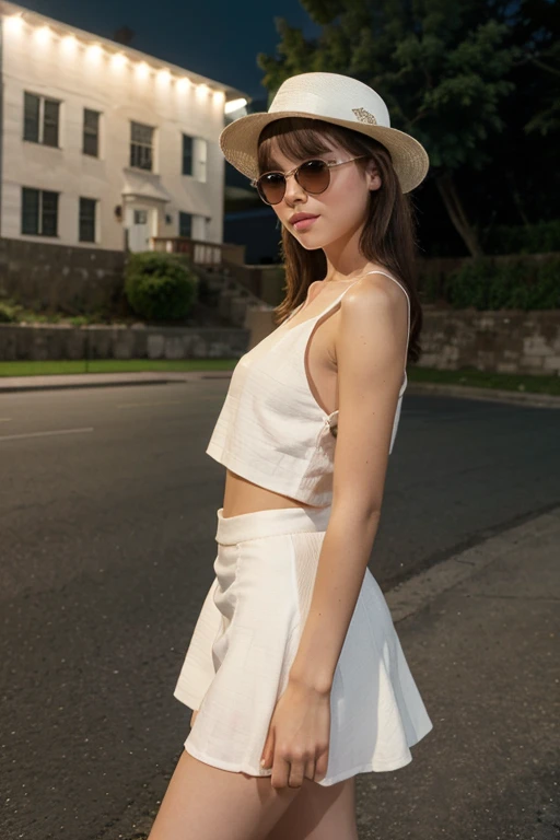 A cute girl, perfect face, beautifull  girl,14 years oldy body, slim body, white skin, masterpiece, textured skin, super detail, high details, high quality, 8k, nice pose, road night background, side lighting to face, dress, wearing a white hat, wearing a sun glasses, cute lips, small and cutest lips, at night, wearing a white shoes, bangs hair style, open top naked, small skirt, wearing a ears rings, little smlie, night time.
