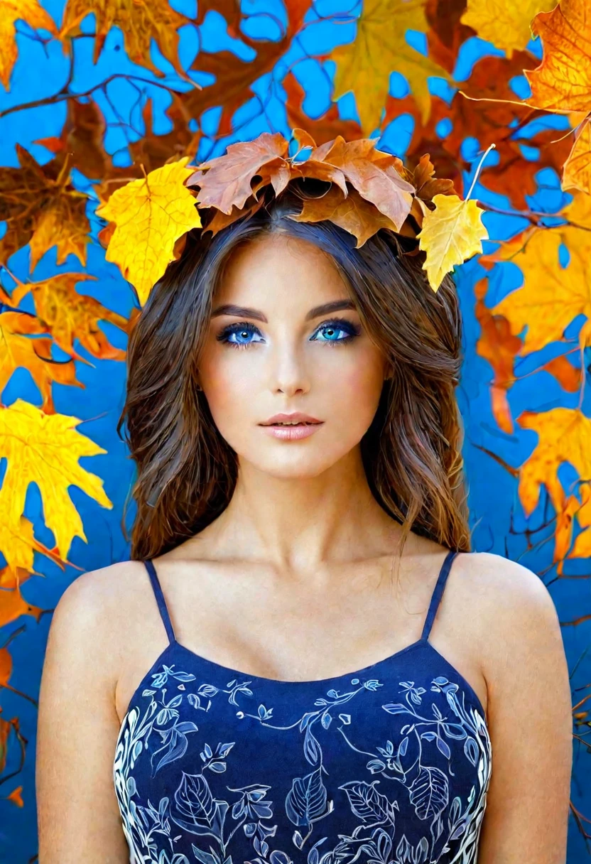 femme allongée sur le dos, cheveux bruns, femme aux yeux bleu, autumn leaf background