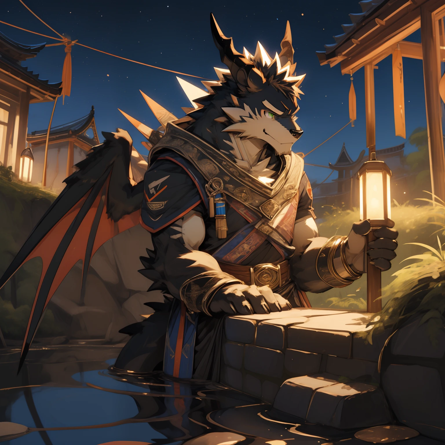 Oriental Black Dragon(Species),Casual wear,dark green eyes,Fit body,Dark personality,Lying on the water