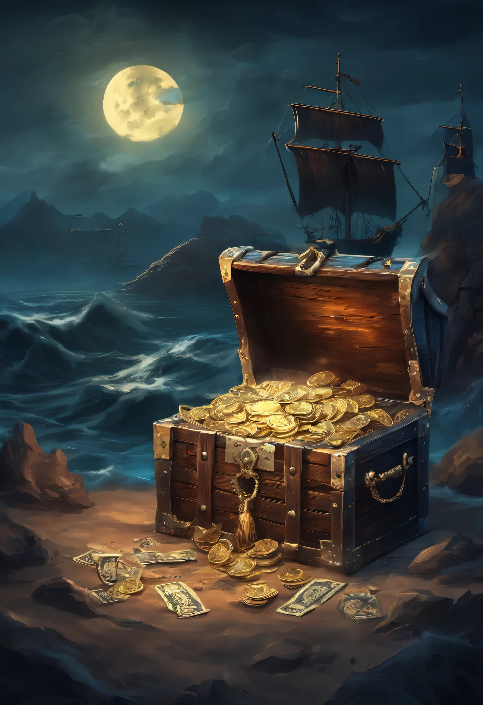 pirate flag with two spears piercing a bag of money,ilustrado,oil painting,average,textura detalhada da bandeira,atmosfera sombria e misteriosa,(melhor qualidade,4K,high resolution),(realista:1.37),tema pirata detalhado,skull and crossbones symbol,poderosas ondas do oceano batendo contra uma costa rochosa,bandeira esfarrapada com bordas desgastadas e desenhos complexos,moedas de ouro brilhantes saindo do saco rasgado,glowing treasure chest in the background,moonlit night with dramatic shadows and highlights,cores vivas mostrando a riqueza da pilhagem do pirata,tom de cor quente sutil,soft, diffused lighting creating a dramatic and mysterious environment.