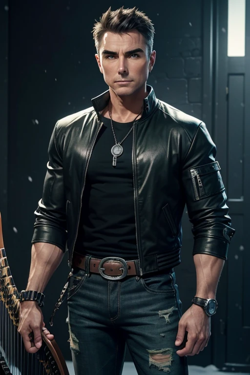 Nolan North 20 year old boy with open black jacket blue t-shirt with snow print short black hair punk style yellow locks black jeans green eyes black leather belt silver buckle muscular build slim cross medallion silver bracelet looking straight at viewer holding a harp
