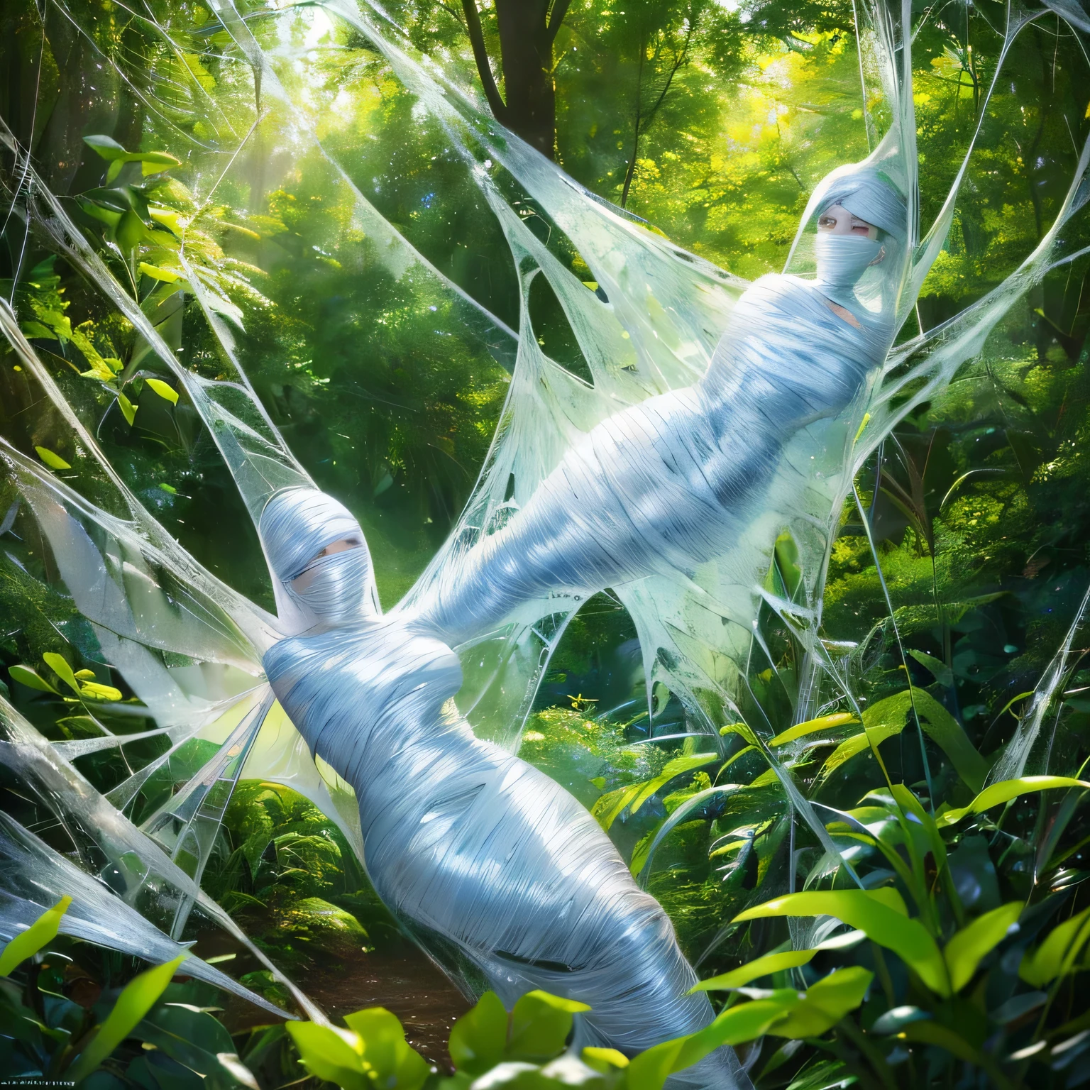 (a) fairy, beautiful,detailed wings, detailed dress, detailed face, (highres:1.2), (realistic:1.37)
medium: oil painting,spider web
(a) girl, trapped, hanging, (best quality, 8k, highres:1.2), (realistic, photo-realistic: 1.37)
spider web, dense, delicate, intricate
(garden) plants, flowers, vibrant colors
(light) soft, ethereal, sunlight filtering through the trees
(d) cobweb, sticky strands, shimmering
(cocoon) silk, translucent, wrapped tightly