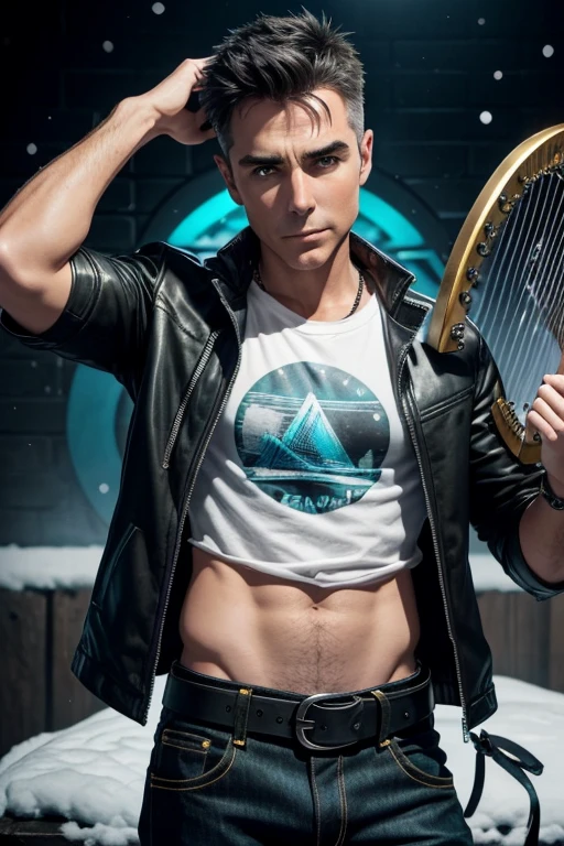 Nolan North 15 year old boy with open black jacket blue t-shirt with snow print short black hair punk style yellow locks black jeans green eyes black leather belt silver buckle muscular build slim cross medallion silver bracelet looking straight at viewer holding a harp
