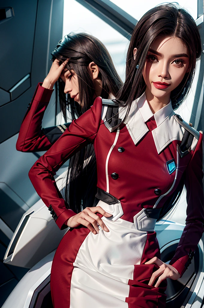 Zero Dois \(querido no franxx\), querido no franxx, 1 garota, franja, corar, umbigo coberto, sombra, olhos verdes, hair behind the head, hand on hip, chifres, sorriso, Cabelo longo, olhando para o espectador, inventar, medium breasts, traje de piloto, (terno vermelho), cabelo rosa, red sombra, Science fiction, pele firme, Sozinho