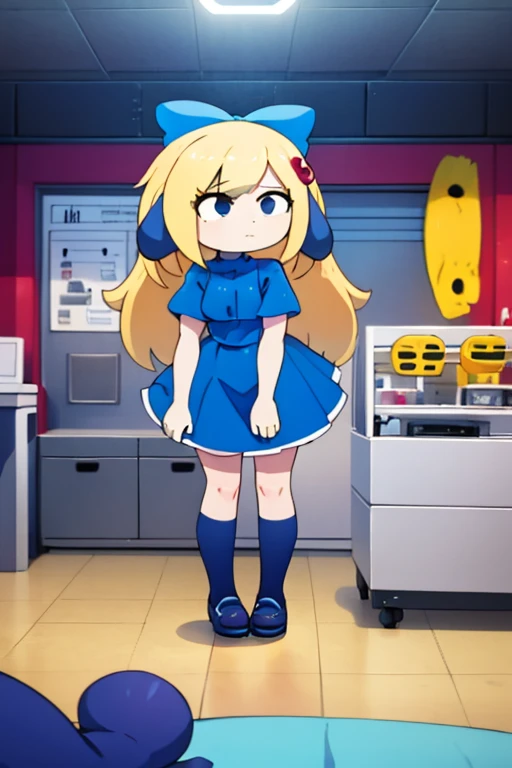 1girl,blue dog ears blue dress White socks black shoes black eyes blonde hair  blue bow standing on a boat, giant octopus monster,