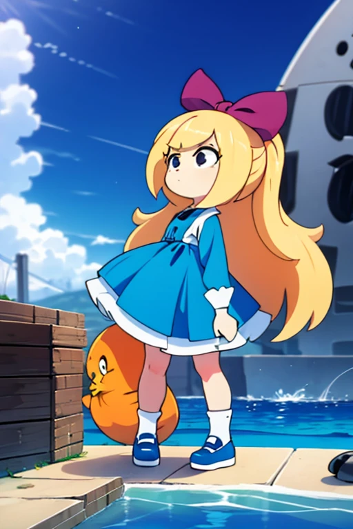 1girl,blue dog ears blue dress White socks black shoes black eyes blonde hair  blue bow standing on a boat, giant octopus monster,