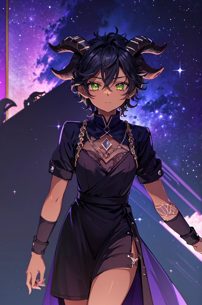 (Masterpiece) (High Detail) (High Res) (Black Skin) (Anime) Looking from above, adult, black humanoid FutEred, dark skin, soft detailed face, detailed green eyes, short scruffy black hair, goat ears, short symmetrical black goat horns, looking smug at the camera, toned body, small to average breasts, wearing a dress