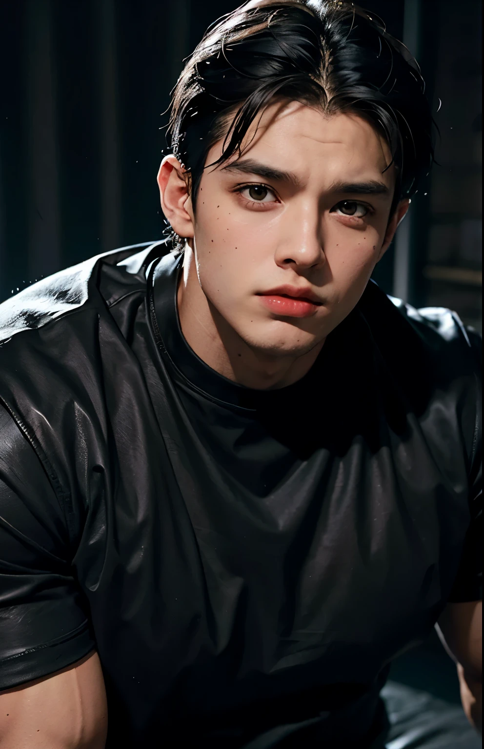 Young Bruce Wayne man black hair, big muscular body, black t-shirt, in dark room upper body close up shot