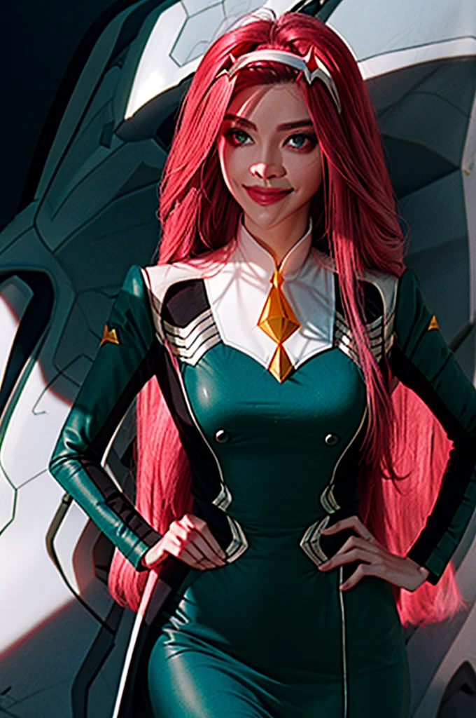 Zero Dois \(querido no franxx\), querido no franxx, 1 garota, franja, corar, umbigo coberto, sombra, olhos verdes, hair behind the head, hand on hip, chifres, sorriso, Cabelo longo, olhando para o espectador, inventar, medium breasts, traje de piloto, (terno vermelho), cabelo rosa, red sombra, Science fiction, pele firme, Sozinho