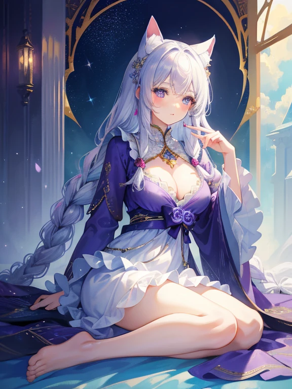masterpiece, highest quality, 8k resolution, Sharp focus, Intricate details,Full body angle, Beauty, Sparkling eyes,Light purple eyes,Golden ratio face, watercolor, Whimsical, Sharp focus, High resolution, The finer details, ((Layered fluffy long sleeve gown)), Light blue-purple dress,kimono,modern style,Fantasy.Glossy white hair,braided hair,Cat Ears,star彩,star,moon,Sitting,Shoot from above,Take away,Look to the side,Cool look,Calm