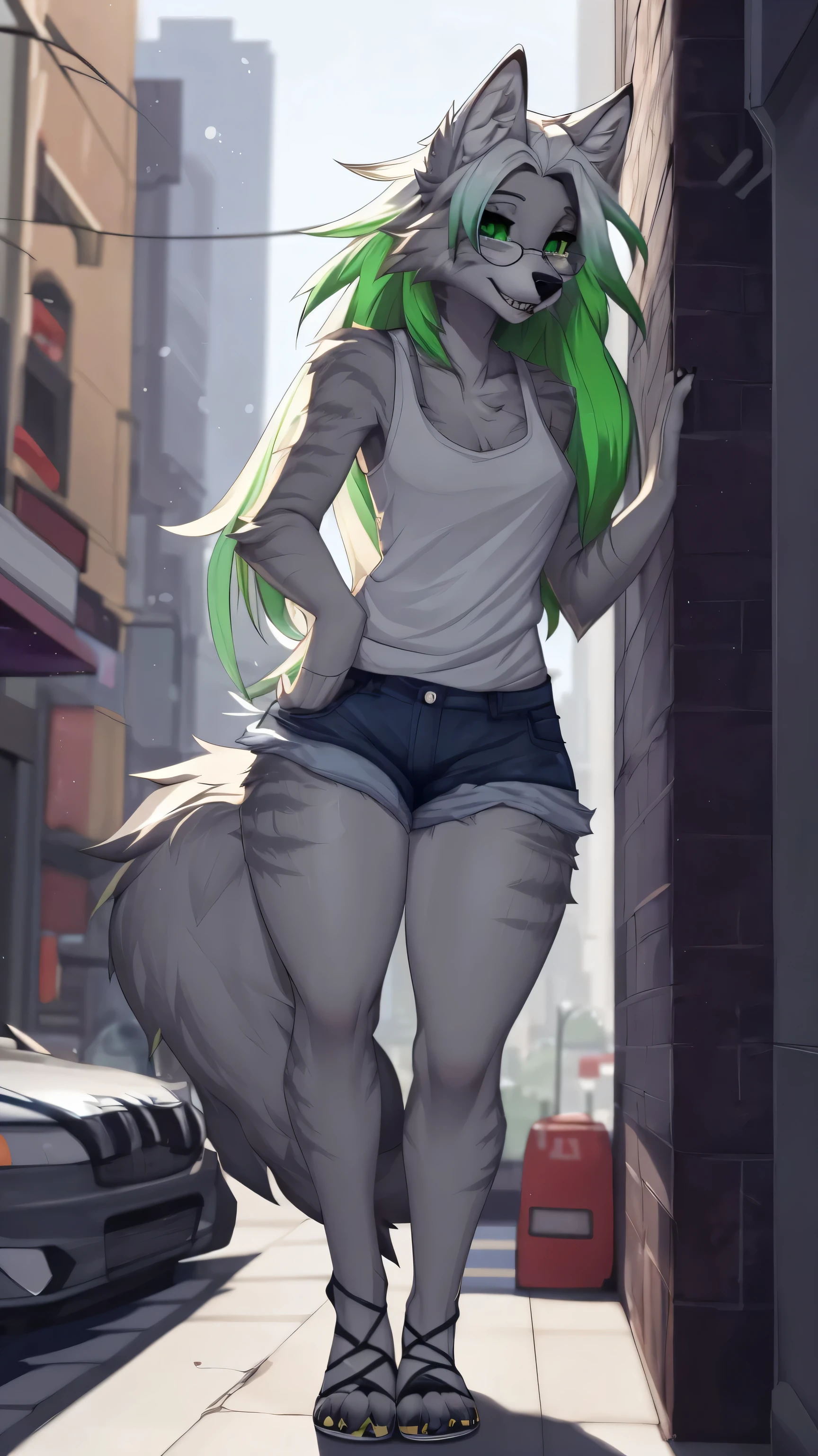 solo:1.2, by claweddrip, by hyattlen, by fumiko, a beautiful female gray wolf, long hair, white hair, green highlights in hair, green eyes, long white whiskers, beautiful gray tabby wolf ears, gray tabby wolf tail, 4 toes, tall, slender, wearing jean shorts, absolute territory, scuffed black flip flops, green tank top, hands in pockets, large round clear glasses, high quality, fluffy ear tips, looking_away:1.3, leaning on a wall, in a vibrant city street, smiling, wolf teeth, full body in frame