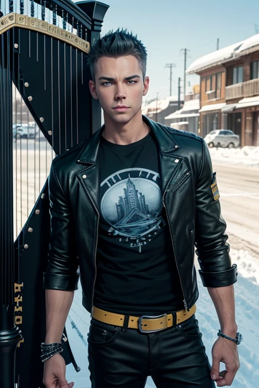 JR Bourne 20 year old boy with open black jacket blue t-shirt with snow print short black hair punk style yellow locks black jeans green eyes black leather belt silver buckle muscular build slim cross medallion silver bracelet looking straight at viewer holding a harp
