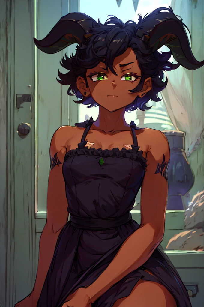 (Masterpiece) (High Detail) (High Res) (Black Skin) (Anime) Looking from above, tall, adult, black humanoid FutEred, dark skin, soft detailed face, detailed green eyes, short scruffy black hair, goat ears, short symmetrical black goat horns, looking smug at the camera, toned body, small to average breasts, wearing a dress