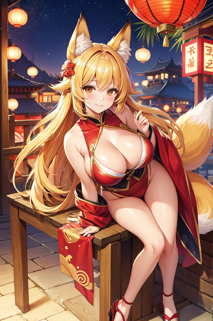 A portrait of a radiant adult 9 tails fox girl with a warm smile directed at the viewer, holding sign Kitsune Are Sexy, the background features a vibrant Chinese New Year celebration, lanterns, fireworks, traditional decorations, beautiful scenery, Breasts enlarged, elegant mature woman, large hips, big breast, Ahri, blonde hair, braid, flower on head, animal ears, fox ears, kemonomimi mode, super detail, high quality, highres, masterpiece