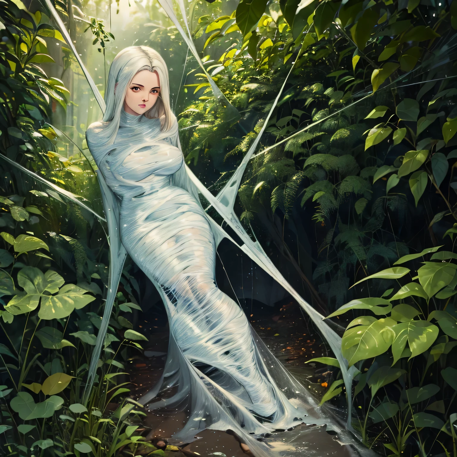 (a) fairy, beautiful,detailed wings, detailed dress, detailed face, (highres:1.2), (realistic:1.37)
medium: oil painting,spider web
(a) girl, trapped, hanging, (best quality, 8k, highres:1.2), (realistic, photo-realistic: 1.37)
spider web, dense, delicate, intricate
(garden) plants, flowers, vibrant colors
(light) soft, ethereal, sunlight filtering through the trees
(d) cobweb, sticky strands, shimmering
(cocoon) silk, translucent, wrapped tightly