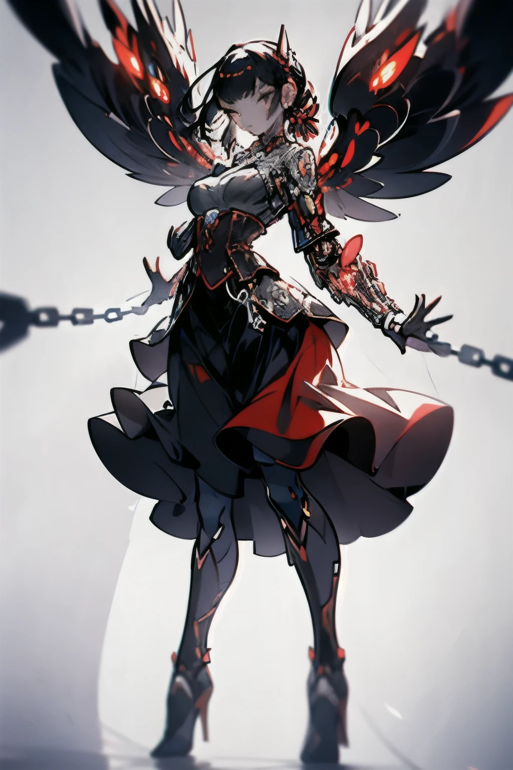 A woman wearing a corset, full skirt, long hair in a ponytail, red hair,high heels, phoenix tattoo on her back(art, best quality, ultra-detailed, high contrast), black transparent tights, detailed background ()) detailed face, hyper detailed eyes, detailed lips , with a metal necklace with chain around her neck, fullbody