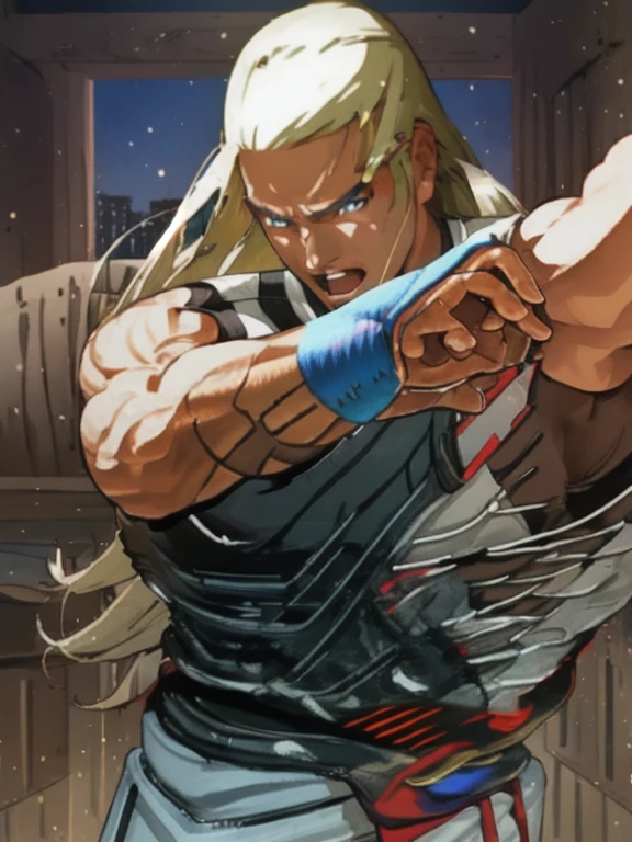 andykof, 1 chico, solo, pelo rubio, blue eyes, pelo largo, enfoque masculino, tiro de vaquero, cola de caballo, muscular,dougii,martial arts belt,, (Obra maestra, mejor calidad,high resolution, manos perfectas)