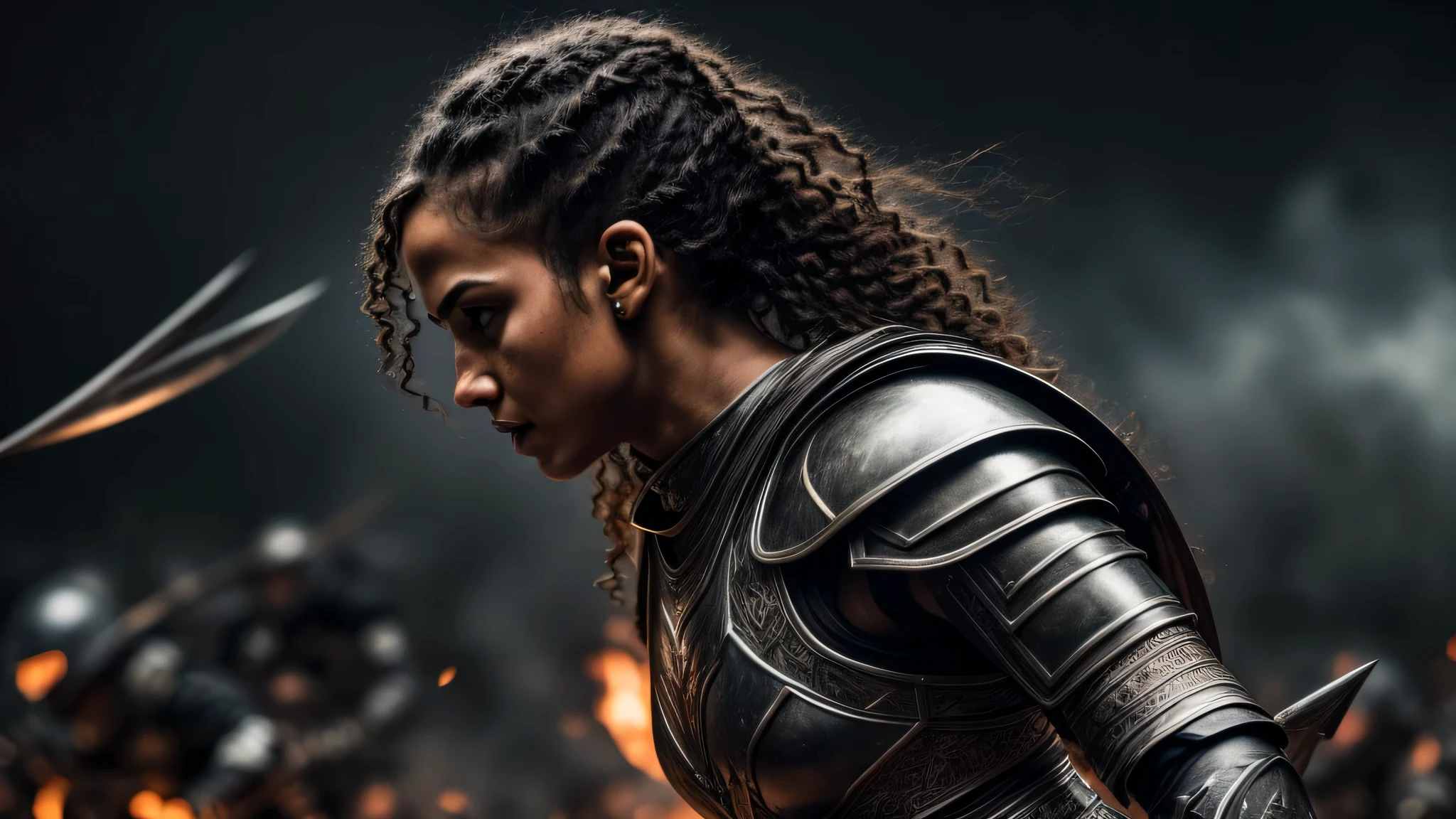 Perspectiva,detalhado, uma mulher elfa de armadura preta, longa espada (dramatic lighting,alto contraste,warrior in action,,full of action,gritos de guerra,confronto de armas,Batalhas ferozes, ultra-high resolution) (Super realista,cena de batalha, action scene) 1 upcoming side portrait, rosto de perto, (Colagem de fotos retrato de rosto) ((rosto de perto))