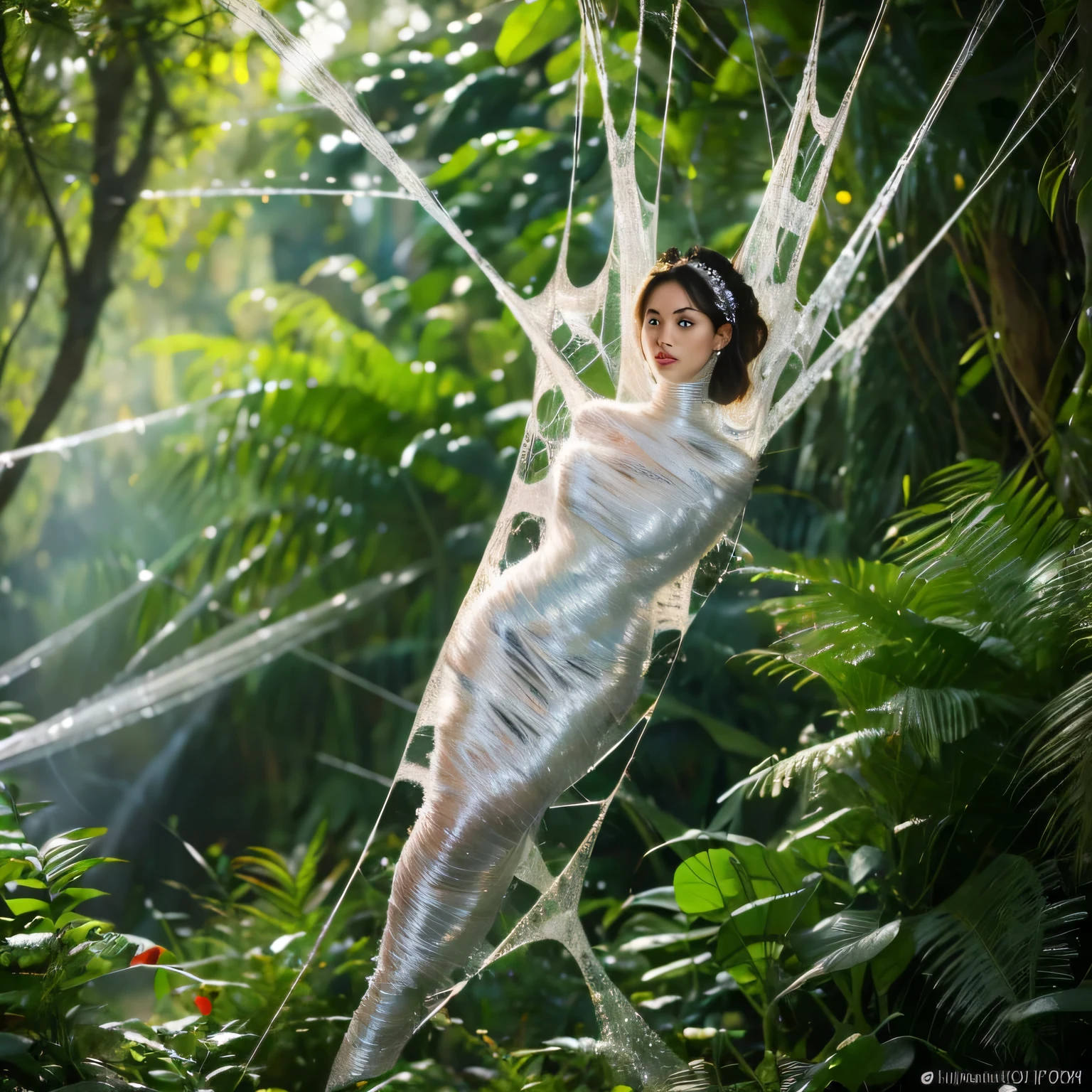 (a) fairy, beautiful,detailed wings, detailed dress, detailed face, (highres:1.2), (realistic:1.37)
medium: oil painting,spider web
(a) girl, trapped, hanging, (best quality, 8k, highres:1.2), (realistic, photo-realistic: 1.37)
spider web, dense, delicate, intricate
(garden) plants, flowers, vibrant colors
(light) soft, ethereal, sunlight filtering through the trees
(d) cobweb, sticky strands, shimmering
(cocoon) silk, translucent, wrapped tightly