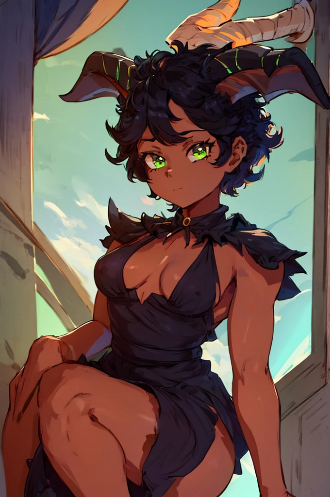 (Masterpiece) (High Detail) (High Res) (Black Skin) (Anime) Looking from above, tall, adult, black humanoid FutEred, dark skin, soft detailed face, detailed green eyes, short scruffy black hair, goat ears, short symmetrical black goat horns, looking smug at the camera, toned body, small to average breasts, wearing a dress