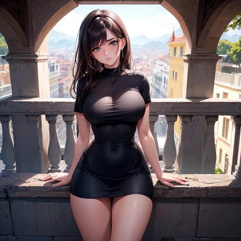 ((mejor calidad, 8k, Obra maestra :1.3)), Todo el cuerpo, sharp focus :1.2, Una mujer bonita con figura perfecta. :1.4, Abdominales delgados :1.2, ((Dark brown hair, pechos grandes :1.2)), vestido de cuerpo :1.1, (Vista nocturna de la ciudad, Modern balcony :1.1), Textura de piel y rostro muy detallada, ojos detallados, double eyelid, Busto grande, bigger breasts, OL Uniform, oficina Wear, camiseta blanca, escote expuesto, (pantimedias negras), (sin bragas), Interior Scene, oficina