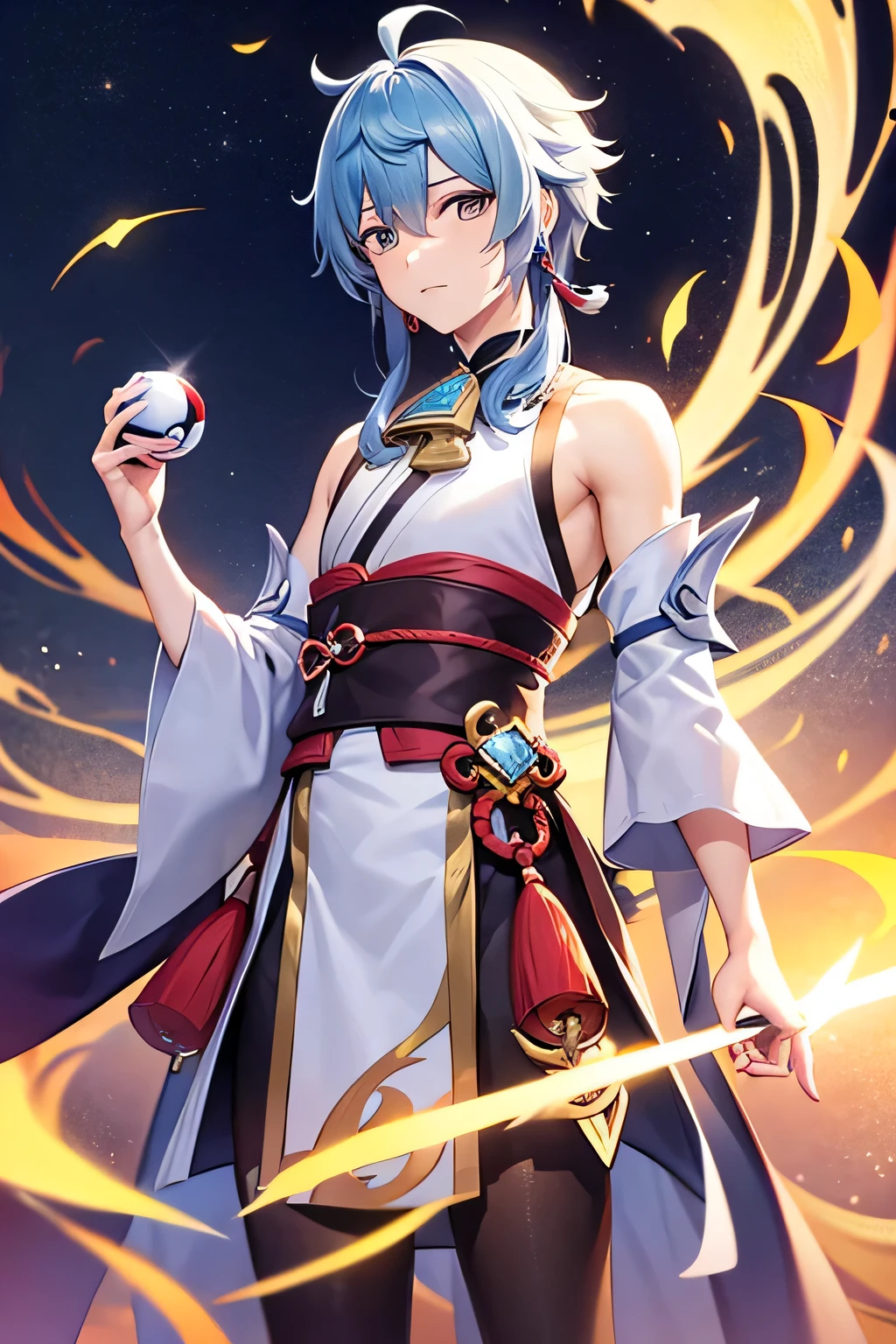 ganyu from genshin impact, male, male body, standing, full body, holding a pokeball