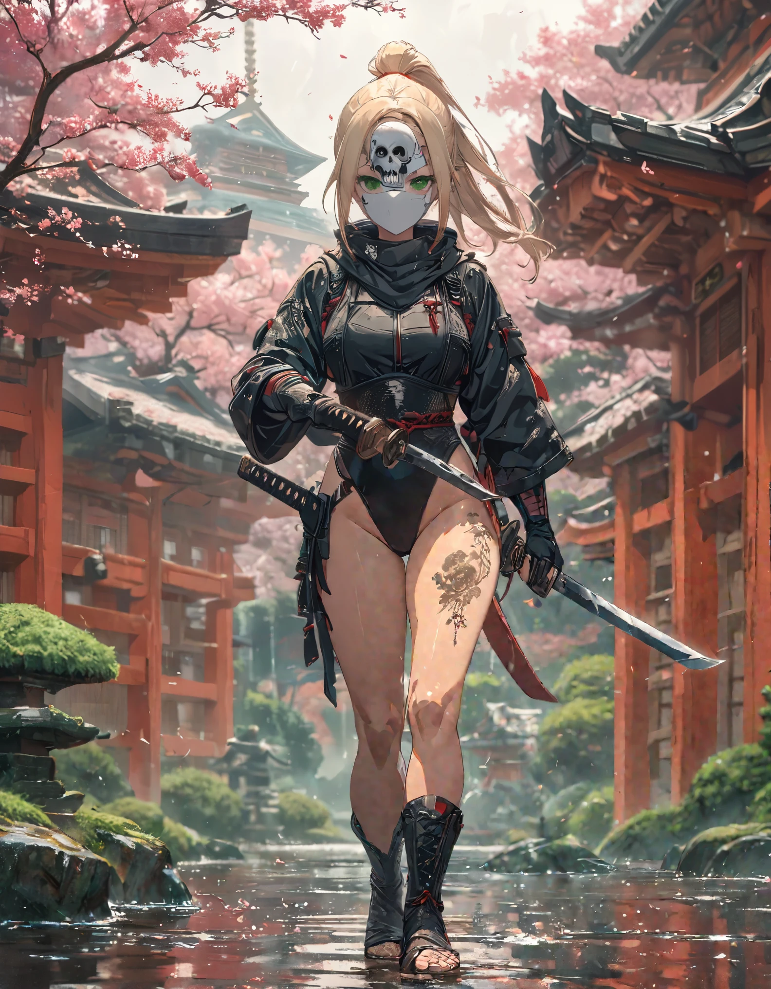 close shot, girl focus,Random pose,A female ninja on her way to her enemy,sexy full body, ponytail hair, skull drawing mask,sexy ninja suit, holding a small katana,tattoo,japanese pagoda,pond, Sakura tree, kunai and shuriken lay around,artwork,4K,Detailed,4k highly detailed digital art,octane render,masterpiece,best quality,ligne claire,(cool_color),perfect composition,absurdres, fantasy,focused,rule of thirds, light blonde hair,green eyes, (leotard,bare legs,boots,toeless legwear), cowboy shot, full body with costume