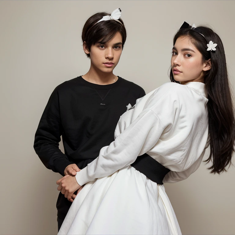 One boy Tall boy, brown eyes, pronounced jaw, white skin color, black hair, wearing a black sweatshirt and a one girl, medium height, white skin color, brown eyes, wearing a white dress and a butterfly headband. 