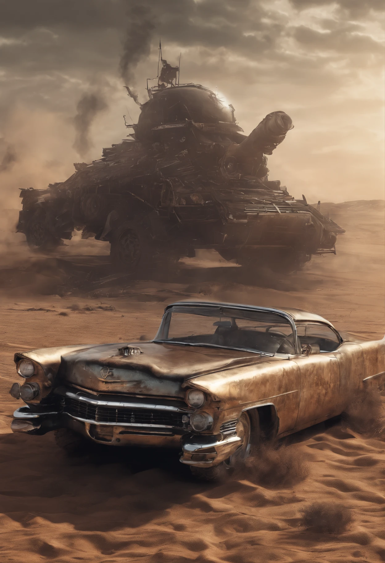 faithful image of an old rusty 1955 cadilac eldorado with spikes and spikes on the hood, military style with modifications, he is running in the sand of the Sahara desert, carro steampunk, dramatic art, estilo de arte dieselpunk, apocalyptic road warrior vibe, a girl with sunglasses is inside the car, arte digital surreal, Mad Max inspirado, heavy metal artwork, simetria da face cromada, arte steampunk digital, Isto&#39;It&#39;s not the Mad Max style, metal art, Isto&#39;s not Filip Hodas&#39; Estilo de arte, arte digital steampunk, dieselpunk, em um mundo hightech, foto na diagonal