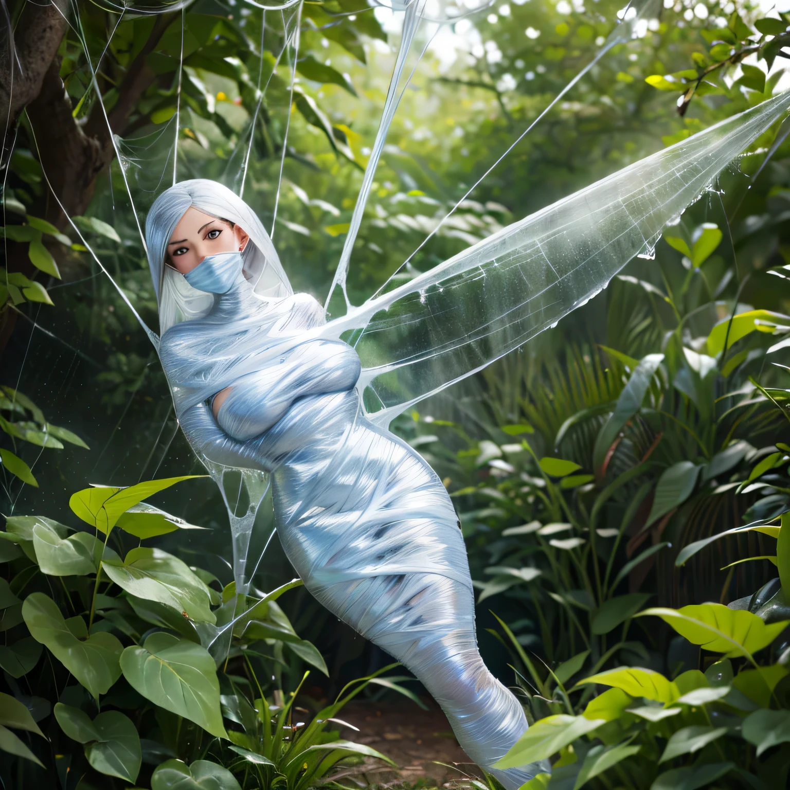 (a) fairy, beautiful,detailed wings, detailed dress, detailed face, (highres:1.2), (realistic:1.37)
medium: oil painting,spider web
(a) girl, trapped, hanging, (best quality, 8k, highres:1.2), (realistic, photo-realistic: 1.37)
spider web, dense, delicate, intricate
(garden) plants, flowers, vibrant colors
(light) soft, ethereal, sunlight filtering through the trees
(d) cobweb, sticky strands, shimmering
(cocoon) silk, translucent, wrapped tightly