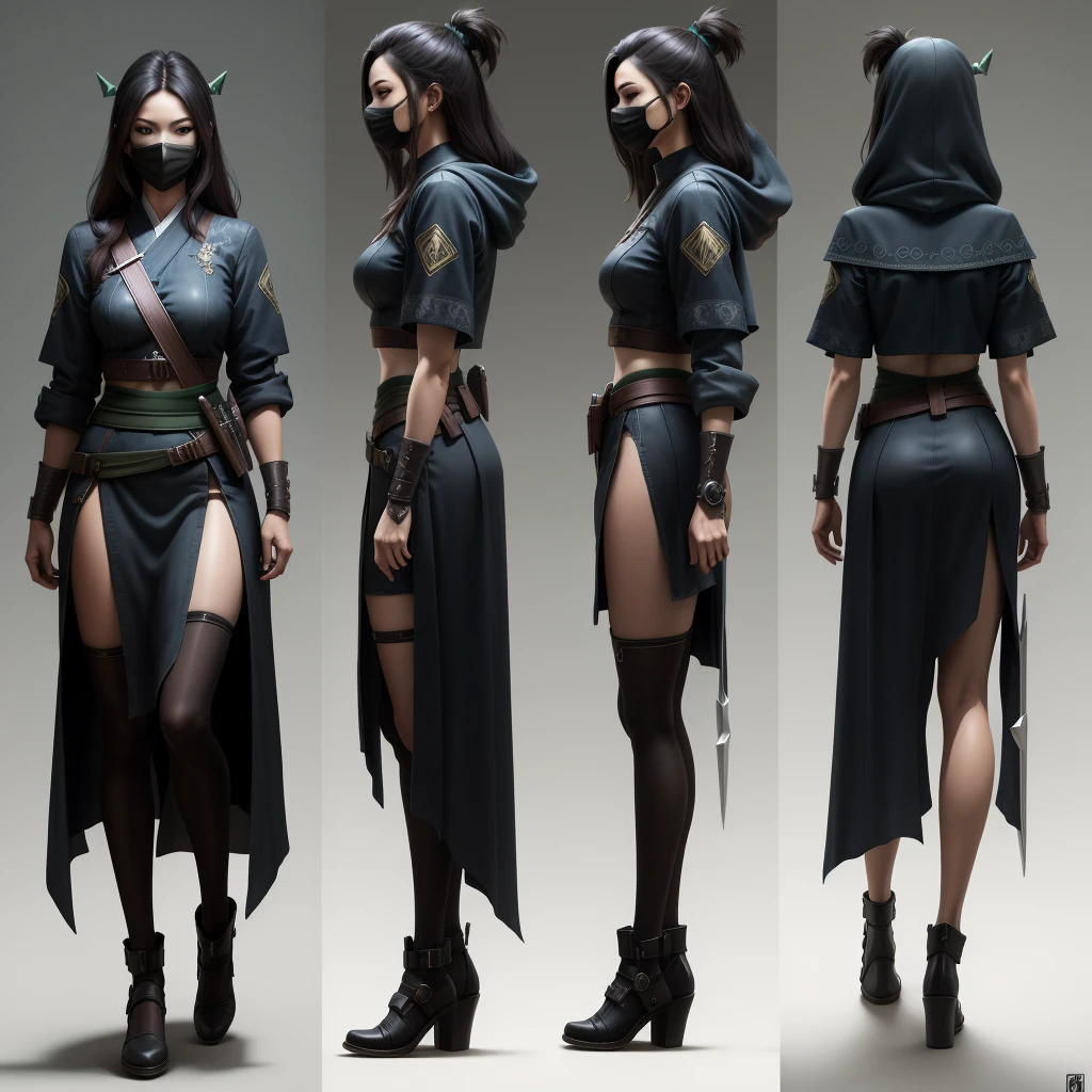 Akali, weapon kunai and dagger design , ((View Reference three sides)), a mask, (Character concept art), (realistic drawing:1.4), (view from three sides), dark theme, intricate artwork, 8K