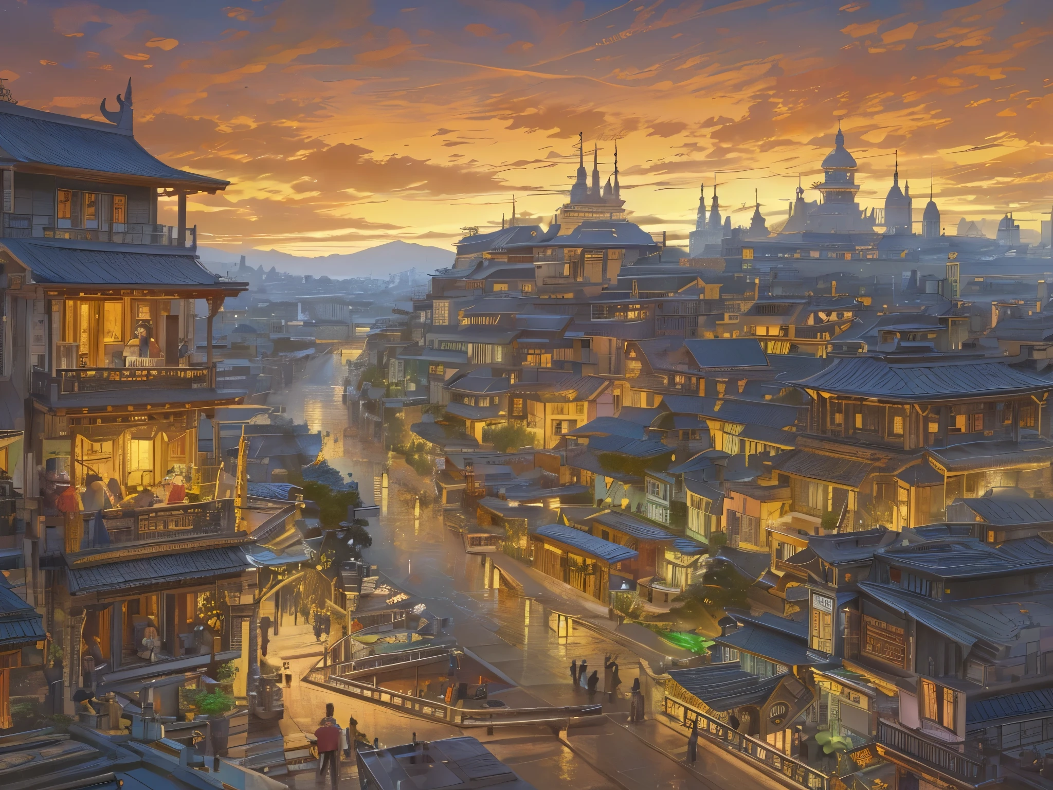 ((highest quality)),(Ultra-high resolution),(Very detailed),(Detailed Description),((The best CG)),(A masterpiece),Ultra-precise art,amazing drawing art,(Art with precise detail:1.5), When the town wakes up、