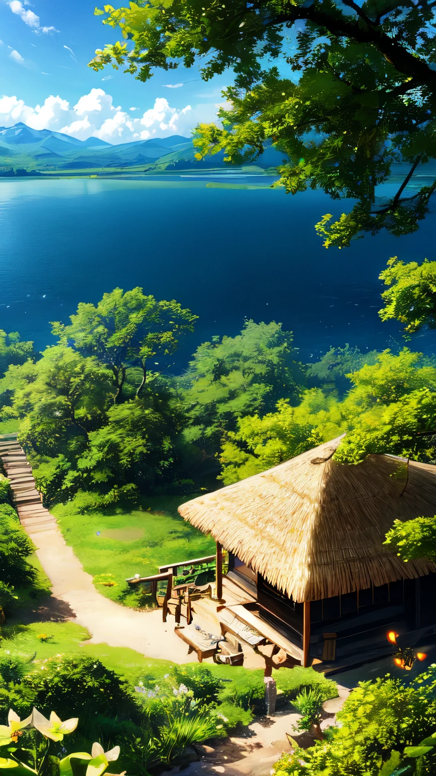 There is a huge ancient tree in the middle of the picture、The leaves emit a golden glow(Glowing balls),thatched hut、springtime、jungles、lakes、waterfallr、grassy fields、Rochas、hot onsen、hydrosphere、surrounded by cloud,(illustratio:1.0)、Epic composition、Realistic lighting、high definition detail、tmasterpiece、Best quality,(Very detailed CG unified 8k wallpaper)(glowing fireflies and butterfiles )(greenery view)(bright blue shinning sky)(night view)(borkeh effect)(view from top angle)