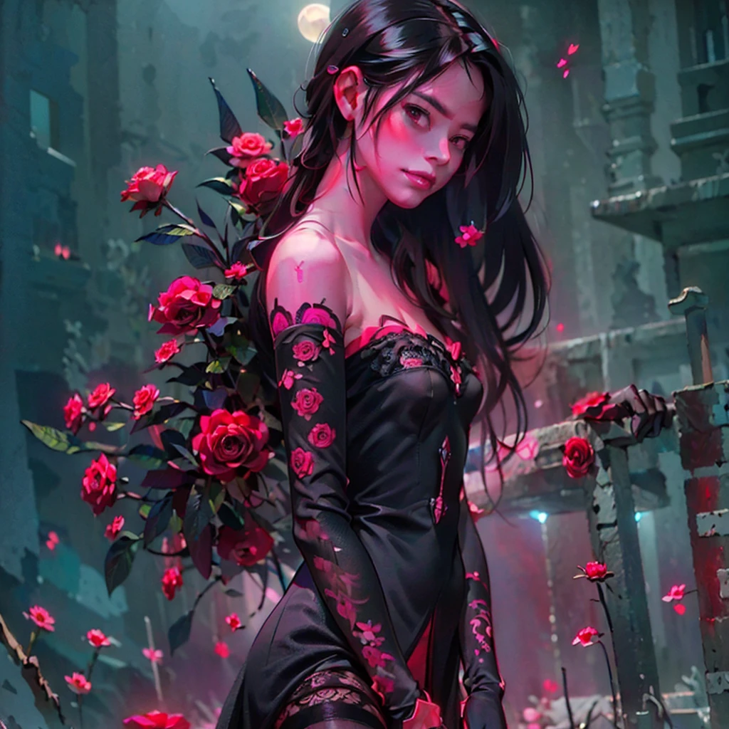 (((Create one girl 16+ years old.), (realistic), (close-up), (stands all tall)), ((Dark and mysterious), (Night, rain blood, gothic anime girl)))_(( (Gothic unusual masterpiece of art)),((ominous clouds, hauntingly beautiful, ethereal moonlight, eerie shadows))_((Beautiful figure, half-turn 16+ years),(realistic)),((small peach ???????, graceful figure, narrow waist, smooth ????)),((long double braids),(tight braids), (braided hair),(dark hair)),((red lips)), ((smile)))_ ((((Shiny skin:1.5, white skin, light skin: 1.5)),((????),(??????),(cute),(????)))_(((???? shoulders, black lace dress)),(((black chiffon dress, very short dress, tight-fitting), (black), (transparent lace dress)),((stands almost completely ?????, tattoos)))_(((Arms in elbow pads, palms in tactical gloves),(???? thighs, stomach )),((legs in combat knee pads, thigh-high stockings)), ((chunky leather lace-up boots)))_(((Impressive artistry, exquisite detail, dramatic lighting, vibrant red hues, stunning red and black flowers), ( ominous flowers, strange symbols, surreal elements))_((Strong contrasts, eerie, artistic masterpiece, detailed textures, dark color palette, foreboding horror)))_(((Digital painting, anime style, cyberpunk), (best quality ,4k, high resolution, masterpiece: 1.2)),((ultra detail)),((realistic, photorealistic, photorealistic: 1.37)))_(((Soft clear shapes, broad strokes, attention to detail)))_( ((High quality, 16K | Ultra HD | Full HD))).