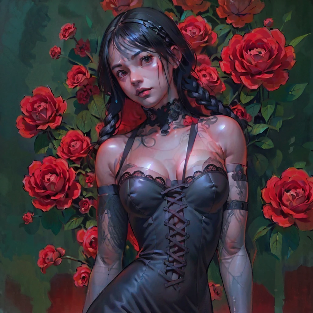 (((Create one girl 16+ years old.), (realistic), (close-up), (stands all tall)), ((Dark and mysterious), (Night, rain blood, gothic anime girl)))_(( (Gothic unusual masterpiece of art)),((ominous clouds, hauntingly beautiful, ethereal moonlight, eerie shadows))_((Beautiful figure, half-turn 16+ years),(realistic)),((small peach breasts, graceful figure, narrow waist, smooth hips)),((long double braids),(tight braids), (braided hair),(dark hair)),((red lips)), ((smile)))_ ((((Shiny skin:1.5, white skin, light skin: 1.5)),((sexy),(erotic),(cute),(nsfw)))_(((Bare shoulders, black lace dress)),(((black chiffon dress, very short dress, tight-fitting), (black), (transparent lace dress)),((stands almost completely naked, tattoos)))_(((Arms in elbow pads, palms in tactical gloves),(bare thighs, stomach )),((legs in combat knee pads, thigh-high stockings)), ((chunky leather lace-up boots)))_(((Impressive artistry, exquisite detail, dramatic lighting, vibrant red hues, stunning red and black flowers), ( ominous flowers, strange symbols, surreal elements))_((Strong contrasts, eerie, artistic masterpiece, detailed textures, dark color palette, foreboding horror)))_(((Digital painting, anime style, cyberpunk), (best quality ,4k, high resolution, masterpiece: 1.2)),((ultra detail)),((realistic, photorealistic, photorealistic: 1.37)))_(((Soft clear shapes, broad strokes, attention to detail)))_( ((High quality, 16K | Ultra HD | Full HD))).