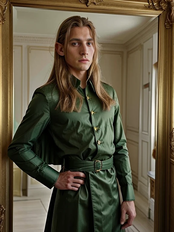 homme aux cheveux blonds en manteau vert et couronne d&#39;or debout devant un miroir, portrait du prince blond magique, beau prince androgyne, délicat prince androgyne, Beautiful male elf, le prince des fleurs, renaissance prince, portant une couronne et une cape verte, un portrait d&#39;a male elf, male elf, portrait d&#39;un homme elfe mince