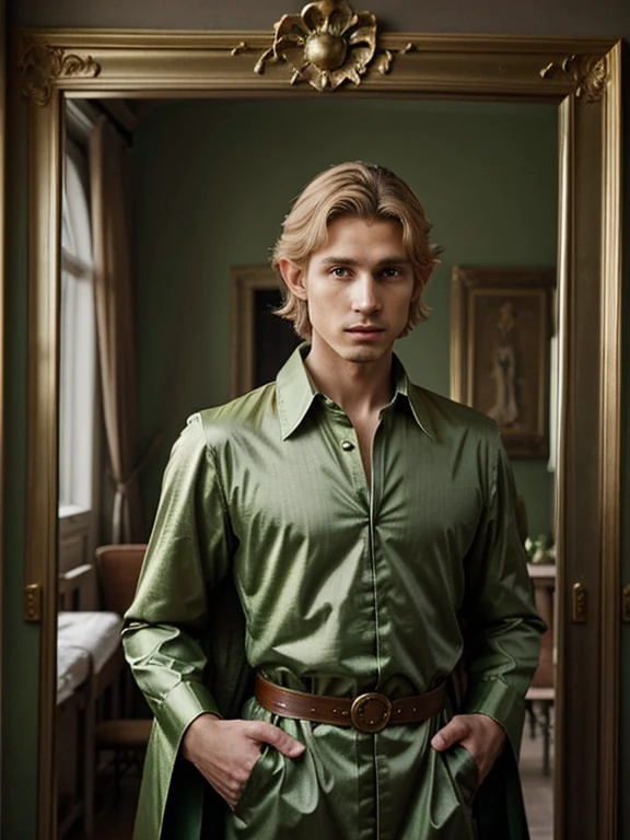 homme aux cheveux blonds en manteau vert et couronne d'or debout devant un miroir, portrait du prince blond magique, beau prince androgyne, délicat prince androgyne, Beautiful male elf, le prince des fleurs, renaissance prince, portant une couronne et une cape verte, un portrait d'a male elf, male elf, portrait d'un homme elfe mince