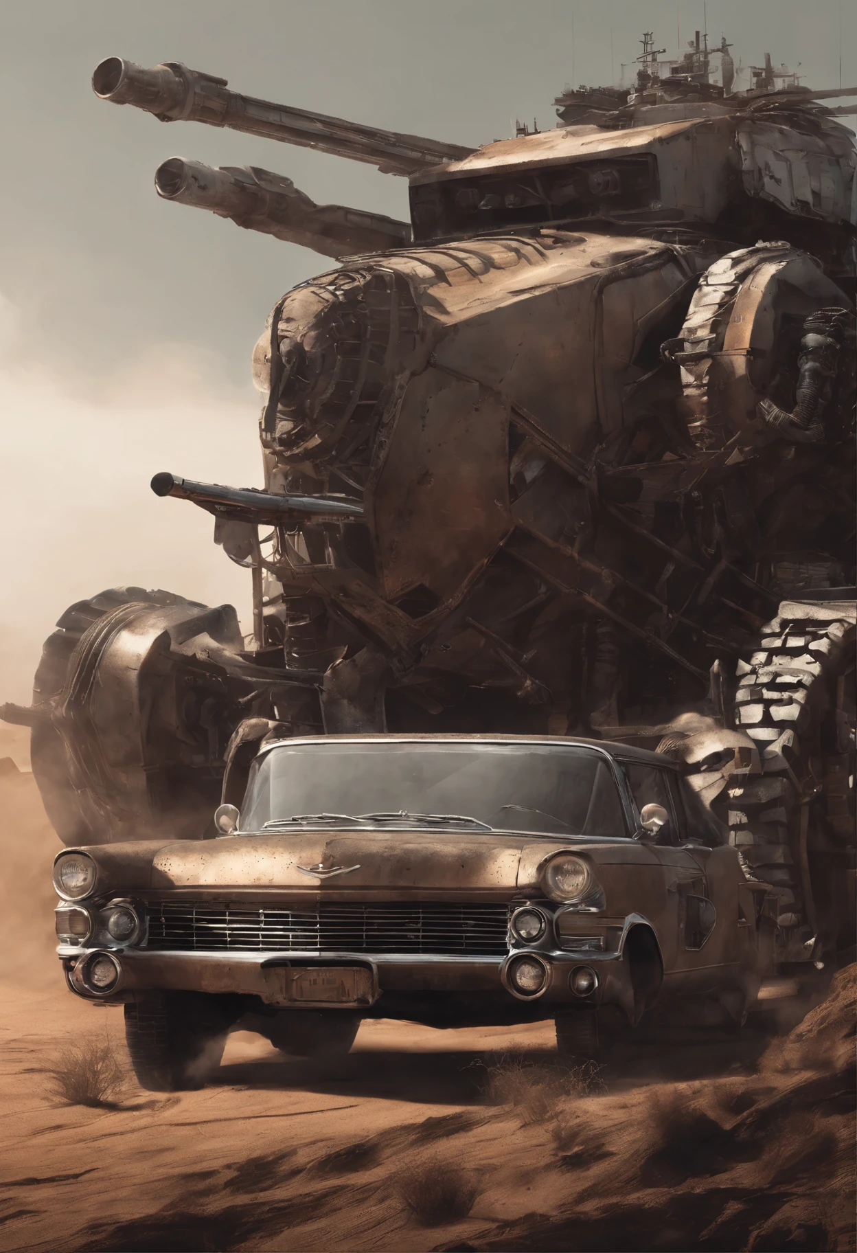 faithful image of an old rusty 1955 cadilac eldorado with spikes and spikes on the hood, military style with modifications, he is running in the sand of the Sahara desert, carro steampunk, dramatic art, estilo de arte dieselpunk, apocalyptic road warrior vibe, a girl with sunglasses is inside the car, arte digital surreal, Mad Max inspirado, heavy metal artwork, simetria da face cromada, arte steampunk digital, Isto'It's not the Mad Max style, metal art, Isto's not Filip Hodas' Estilo de arte, arte digital steampunk, dieselpunk, em um mundo hightech, foto na diagonal