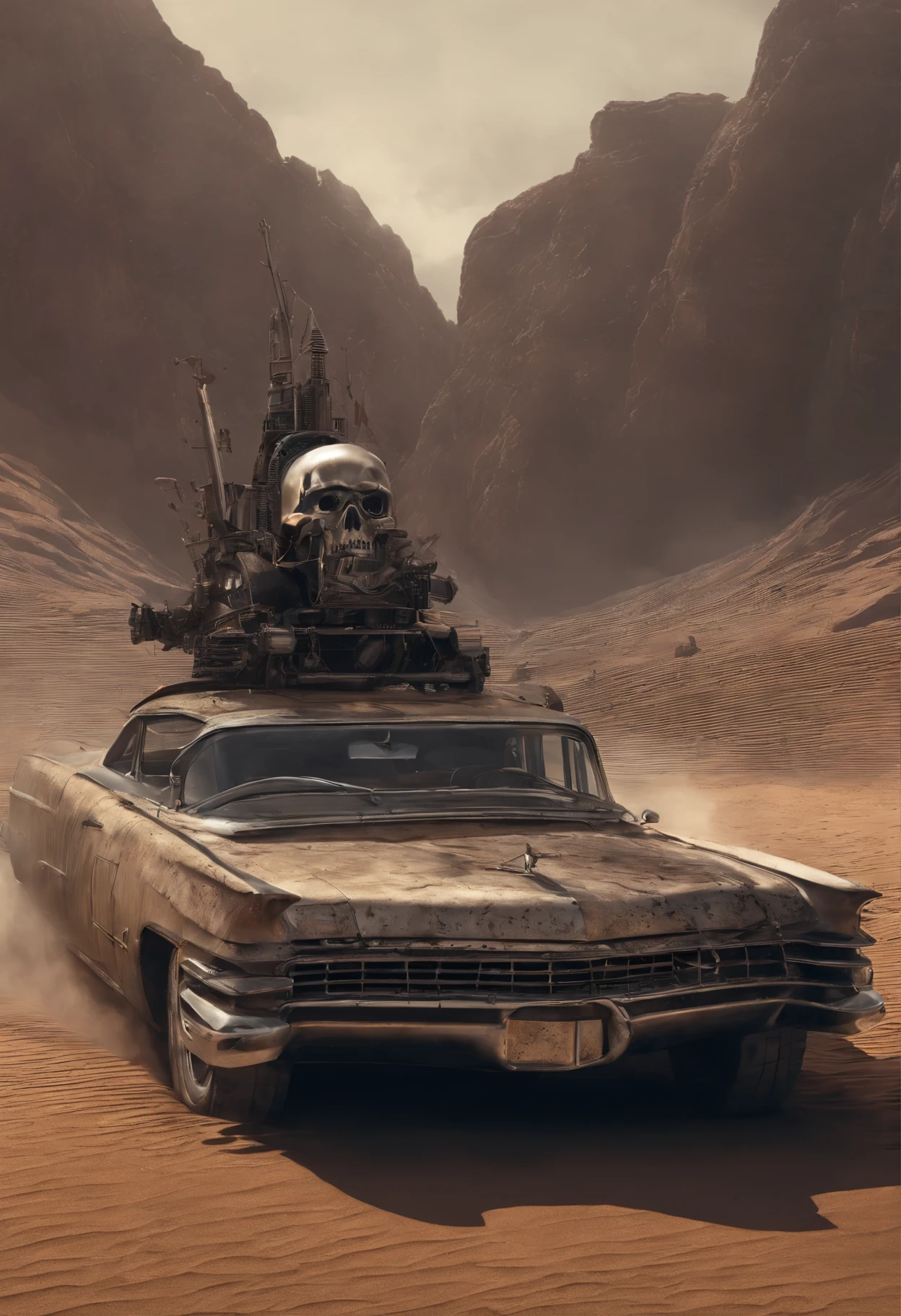 faithful image of an old rusty 1955 cadilac eldorado with spikes and spikes on the hood, military style with modifications, he is running in the sand of the Sahara desert, carro steampunk, dramatic art, estilo de arte dieselpunk, apocalyptic road warrior vibe, a girl with sunglasses is inside the car, arte digital surreal, Mad Max inspirado, heavy metal artwork, simetria da face cromada, arte steampunk digital, Isto&#39;It&#39;s not the Mad Max style, metal art, Isto&#39;s not Filip Hodas&#39; Estilo de arte, arte digital steampunk, dieselpunk, em um mundo hightech, foto na diagonal