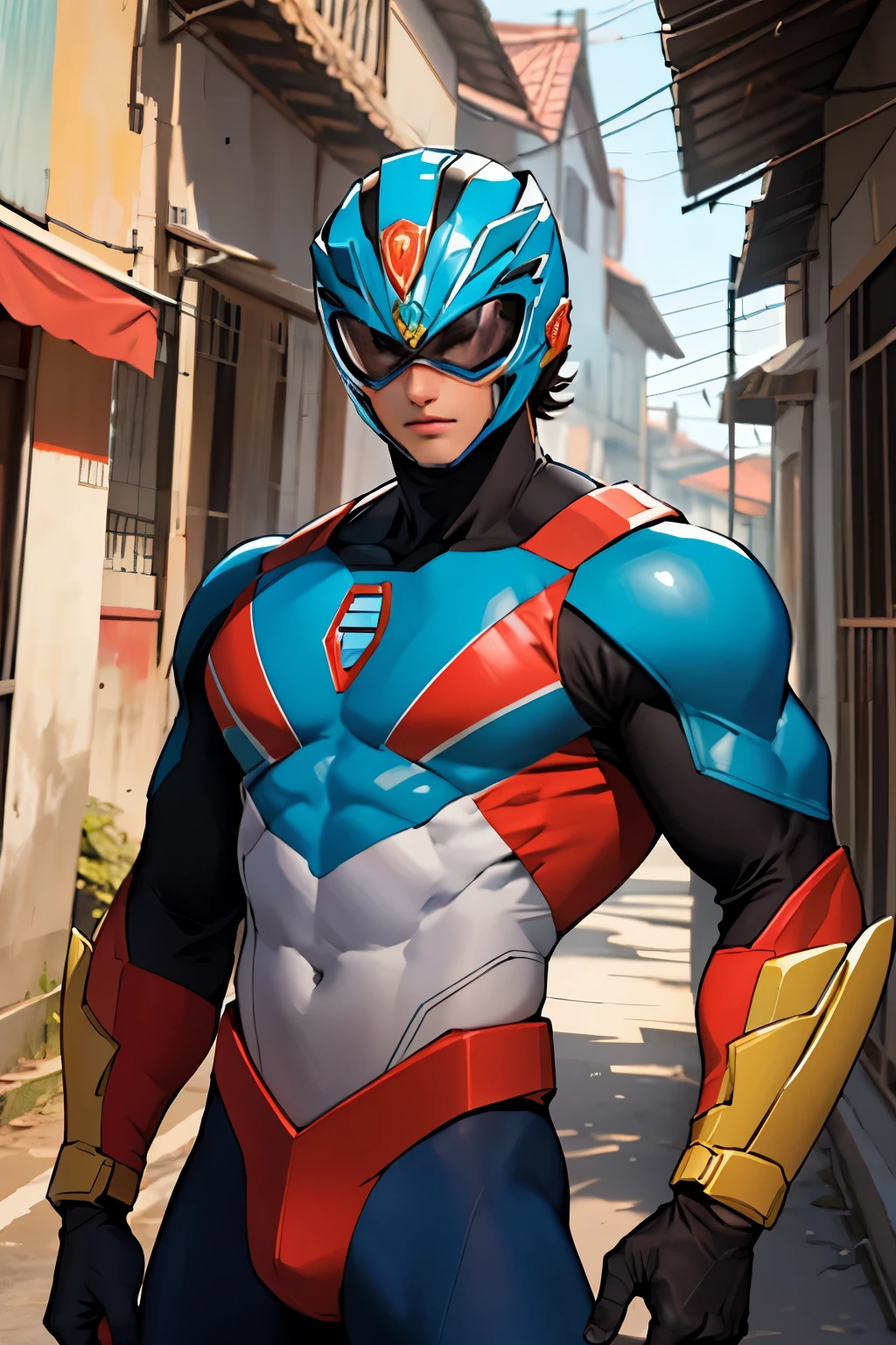 power ranger azul socando um monstro cinza no rosto em uma cidade cheia na luz do sol do meio dia