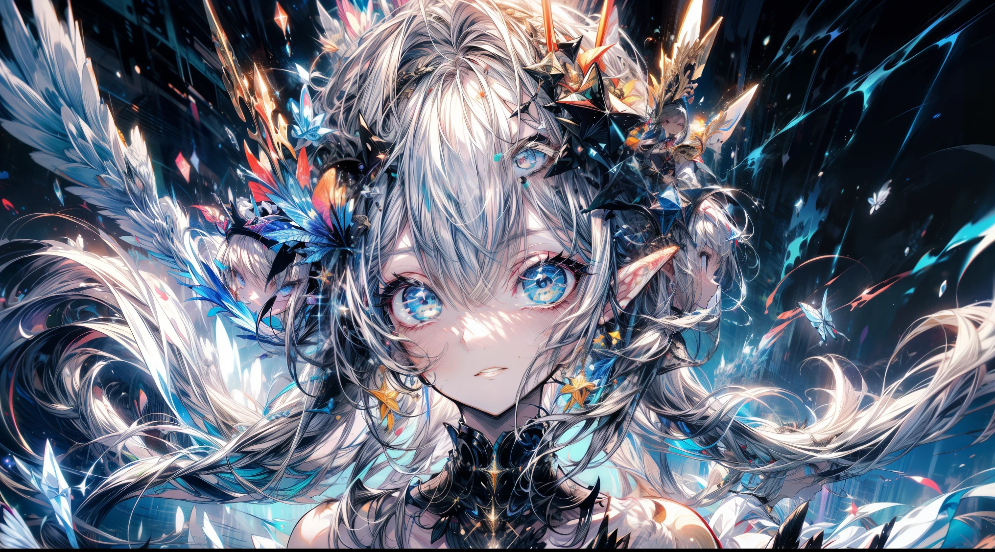 （（（obra maestra）））， （（（mejor calidad））））， arte oficial， Fondo de pantalla CG unity 8k extremadamente detallado， （（dibujando）））， la noche， La lluvia， hermoso cielo detallado， Galactic，cielo estrelladofondo，Agua hermosa y delicada， JuegoCG， huge file size， dibujando， informe， angelical， pelo largo y gris， pelo rubio peinado， by damp， pelo entre los ojos， hair behind the ears， Carefree eyes with white eyelashes.， ojos amarillos， ojo medio cerrado， Calzado， el halo， collar con una cruz， mirando abajo， sentado， Sujeta el pelo de tu adorno de cuero largo.， accesorios para el cabello de hojas， en un bosque， junto al lago， （（Pecho grande）））， （（（ White tunica）））， dinamo de manga larga， venda blanca， The golden wings of the elf ear are more yellow.
